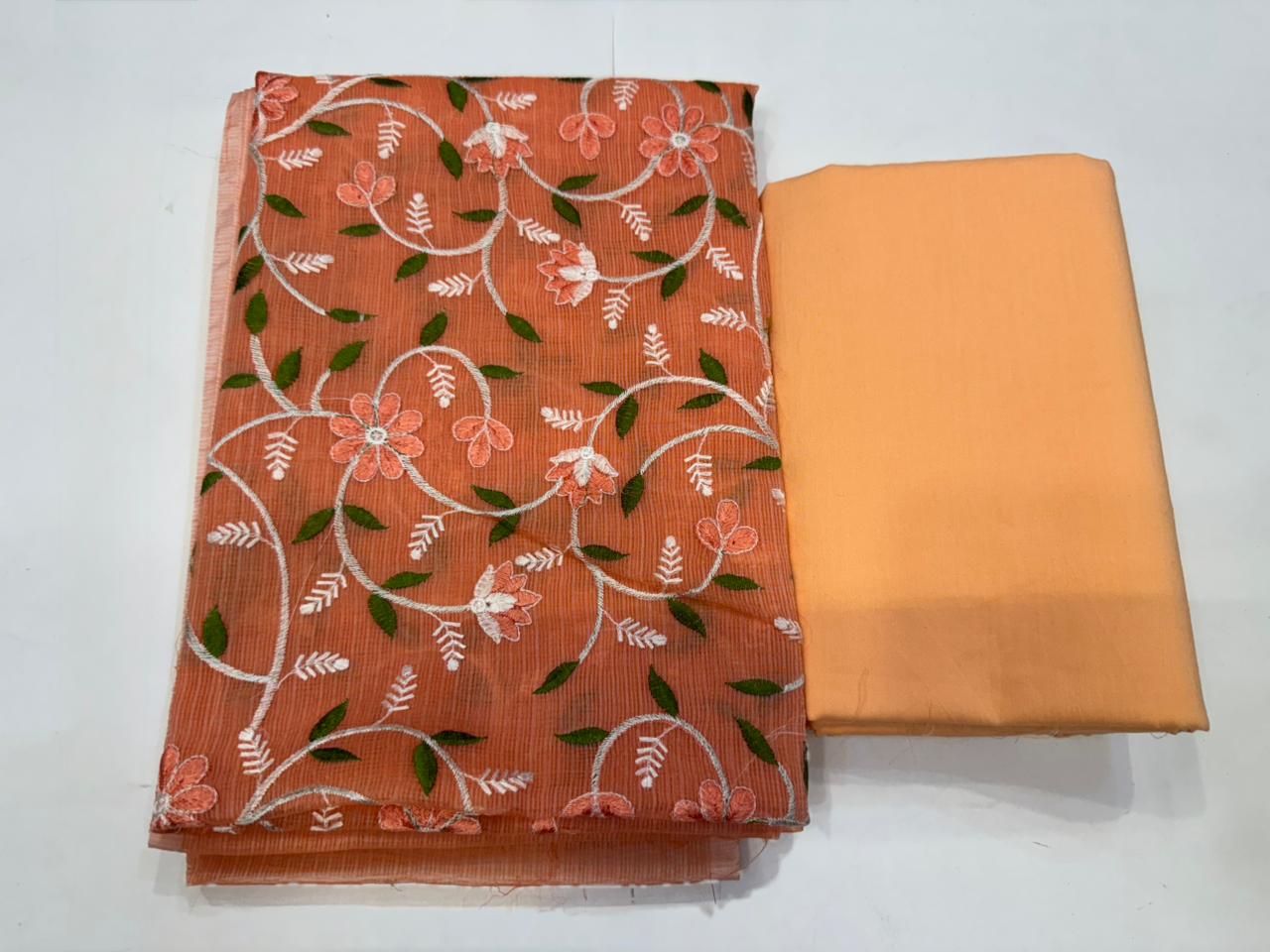 Hand Block Bagru and Sanganeri Printed Embroidred Kota Doriya 3PC Unstiched Suit With Embroidred Kota Doriya Dupatta