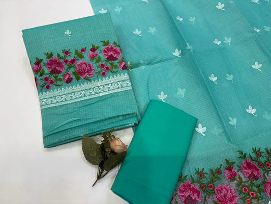Hand Block Bagru and Sanganeri Printed Embroidred Kota Doriya 3PC Unstiched Suit With Embroidred Kota Doriya Dupatta