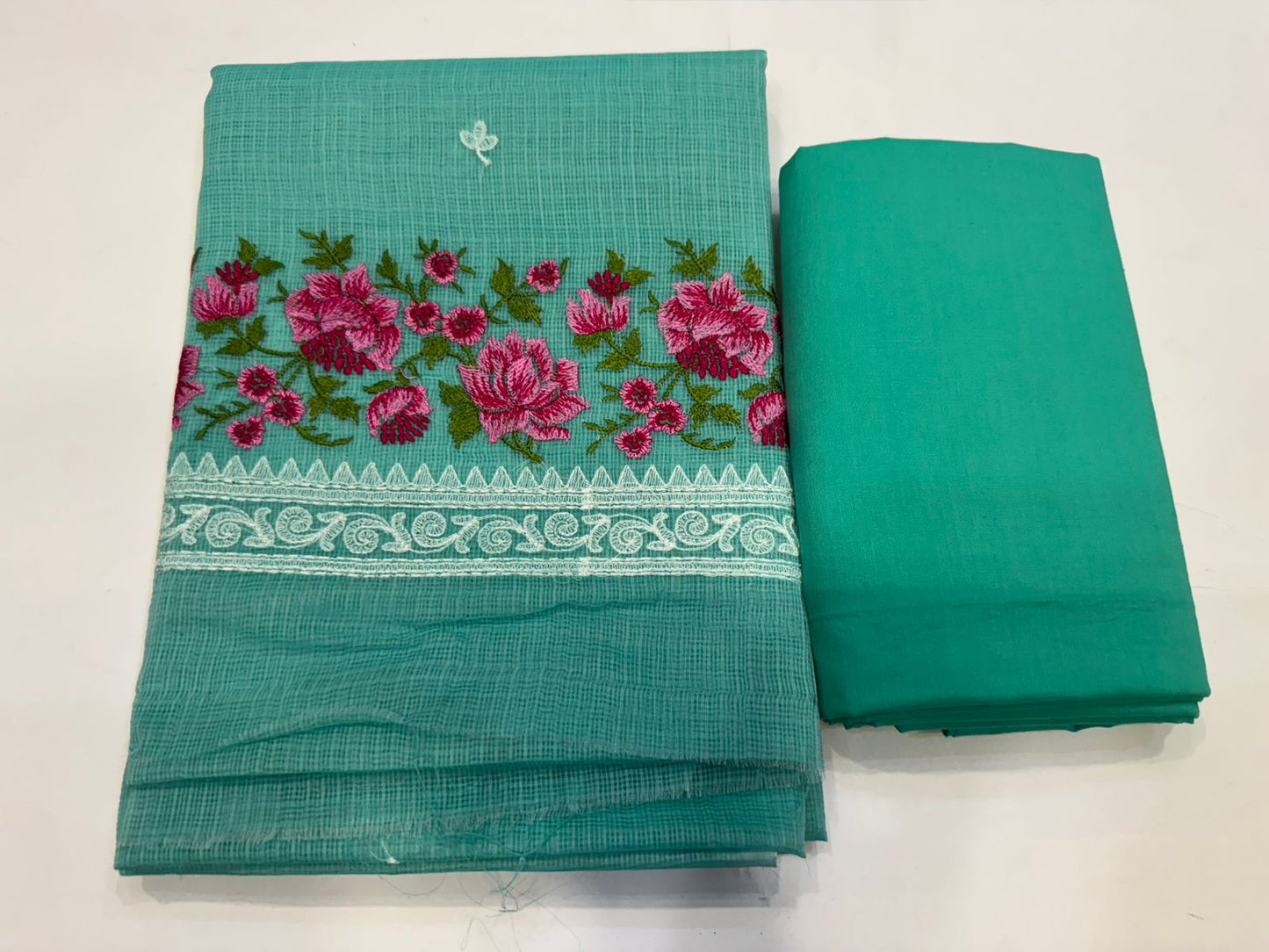 Hand Block Bagru and Sanganeri Printed Embroidred Kota Doriya 3PC Unstiched Suit With Embroidred Kota Doriya Dupatta