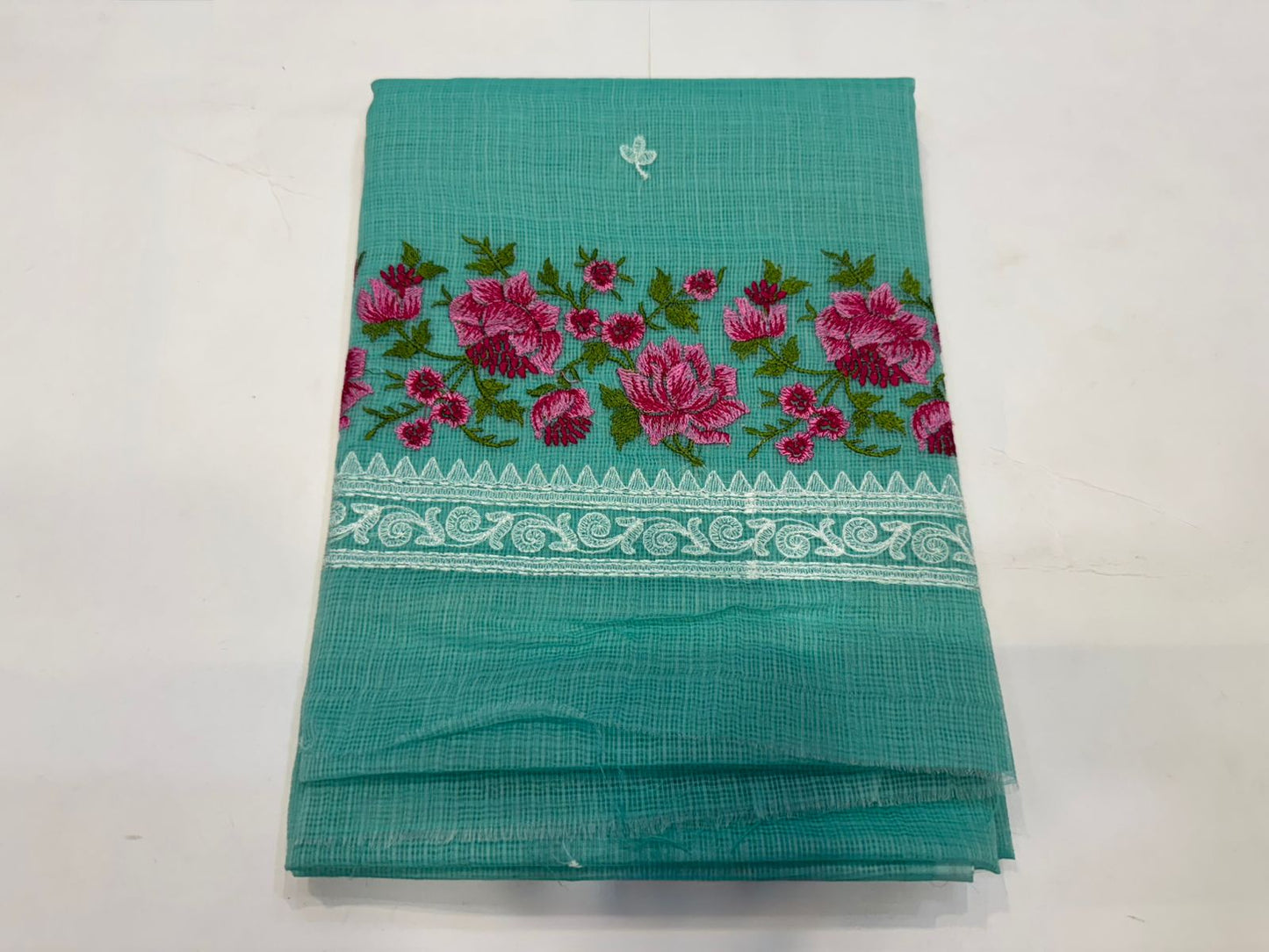 Hand Block Bagru and Sanganeri Printed Embroidred Kota Doriya 3PC Unstiched Suit With Embroidred Kota Doriya Dupatta