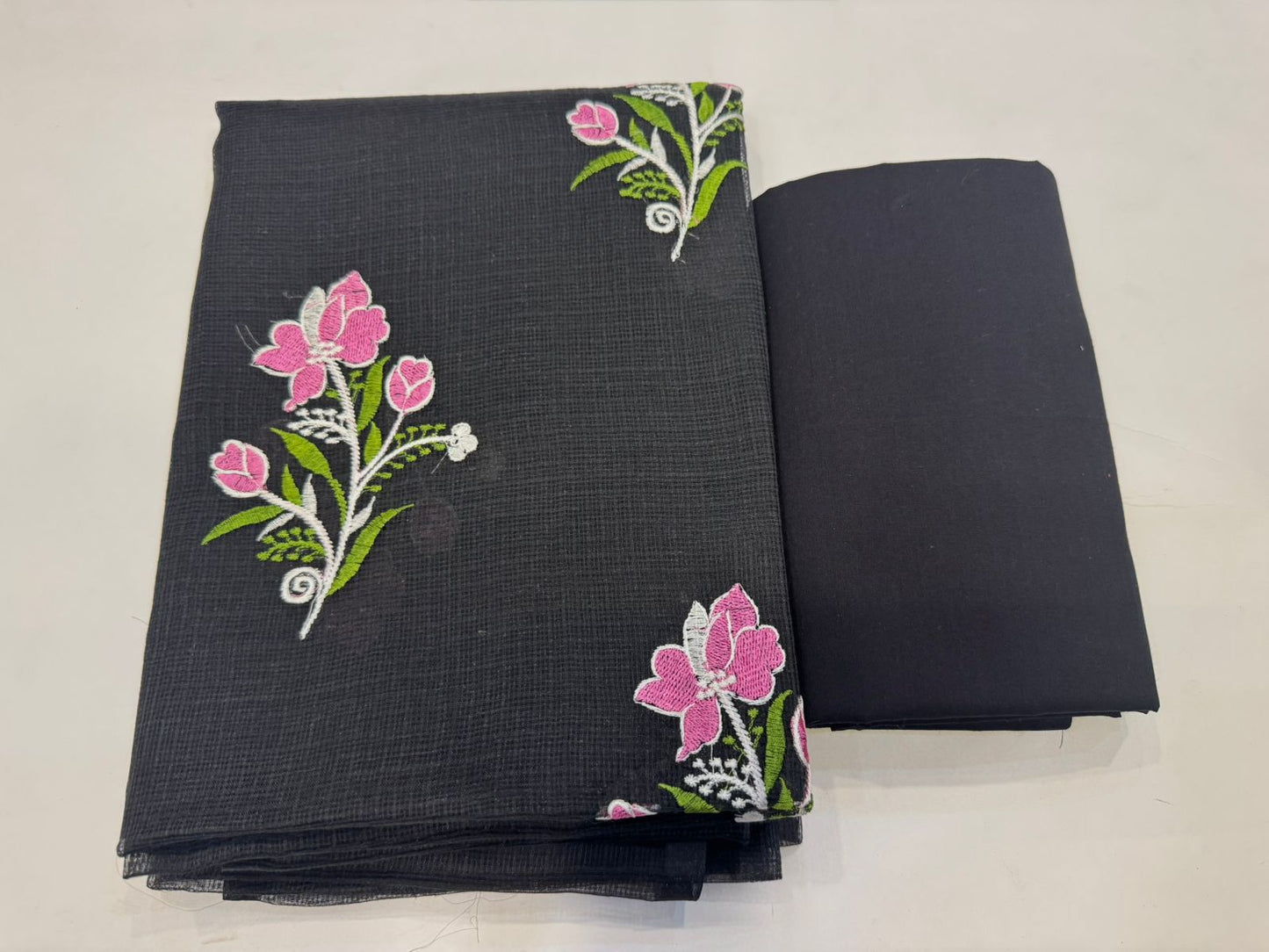 Hand Block Bagru and Sanganeri Printed Embroidred Kota Doriya 3PC Unstiched Suit With Embroidred Kota Doriya Dupatta