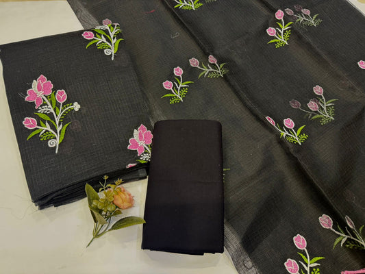 Hand Block Bagru and Sanganeri Printed Embroidred Kota Doriya 3PC Unstiched Suit With Embroidred Kota Doriya Dupatta