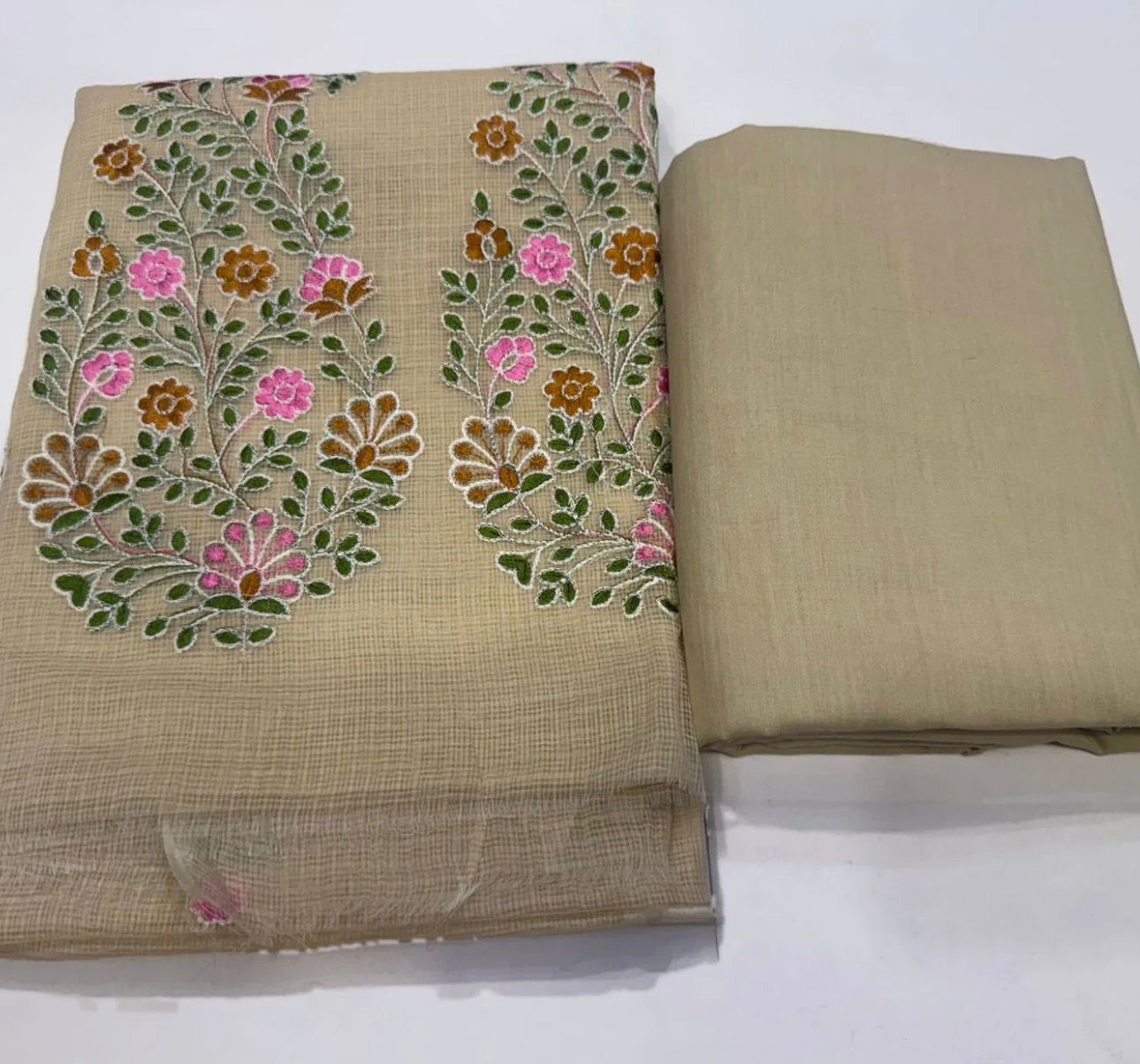 Hand Block Bagru and Sanganeri Printed Embroidred Kota Doriya 3PC Unstiched Suit With Embroidred Kota Doriya Dupatta