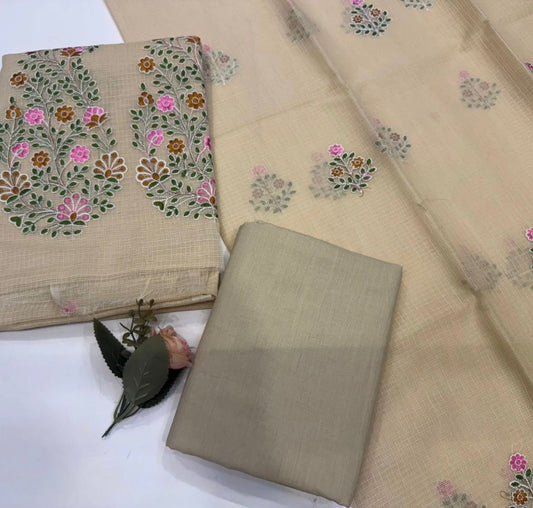Hand Block Bagru and Sanganeri Printed Embroidred Kota Doriya 3PC Unstiched Suit With Embroidred Kota Doriya Dupatta