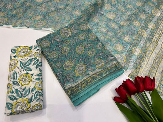 Hand Block Bagru and Sanganeri Printed Kota Doriya 3PC Unstiched Suit With Kota Doriya Dupatta