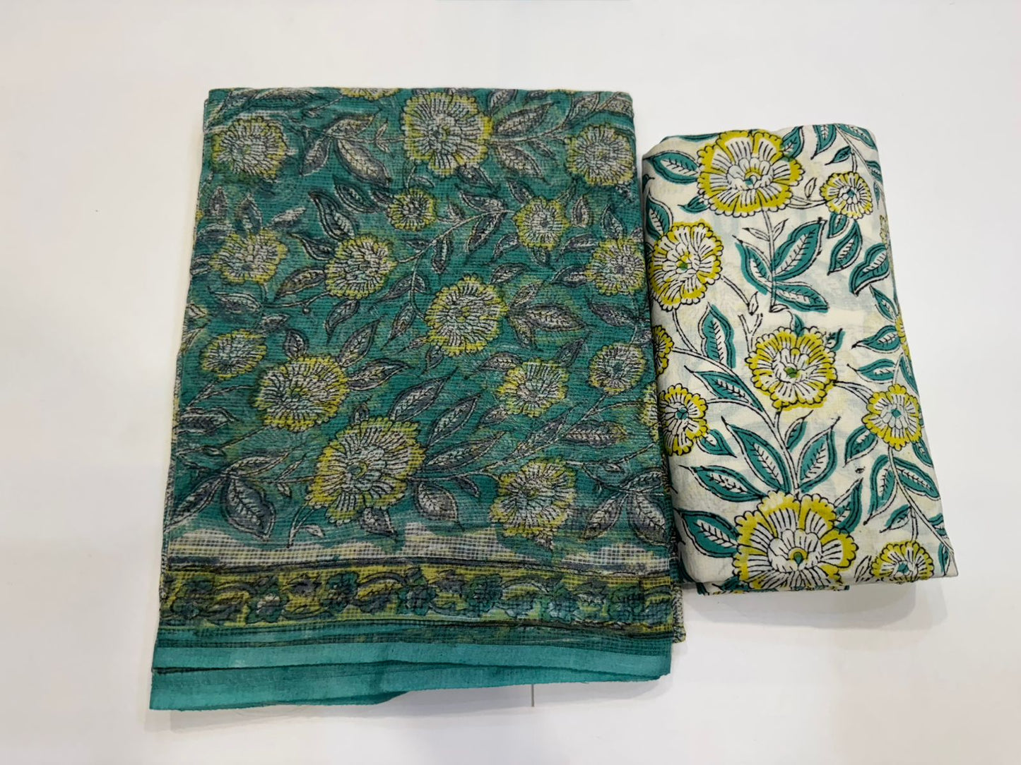 Hand Block Bagru and Sanganeri Printed Kota Doriya 3PC Unstiched Suit With Kota Doriya Dupatta