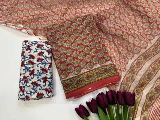 Hand Block Bagru and Sanganeri Printed Kota Doriya 3PC Unstiched Suit With Kota Doriya Dupatta