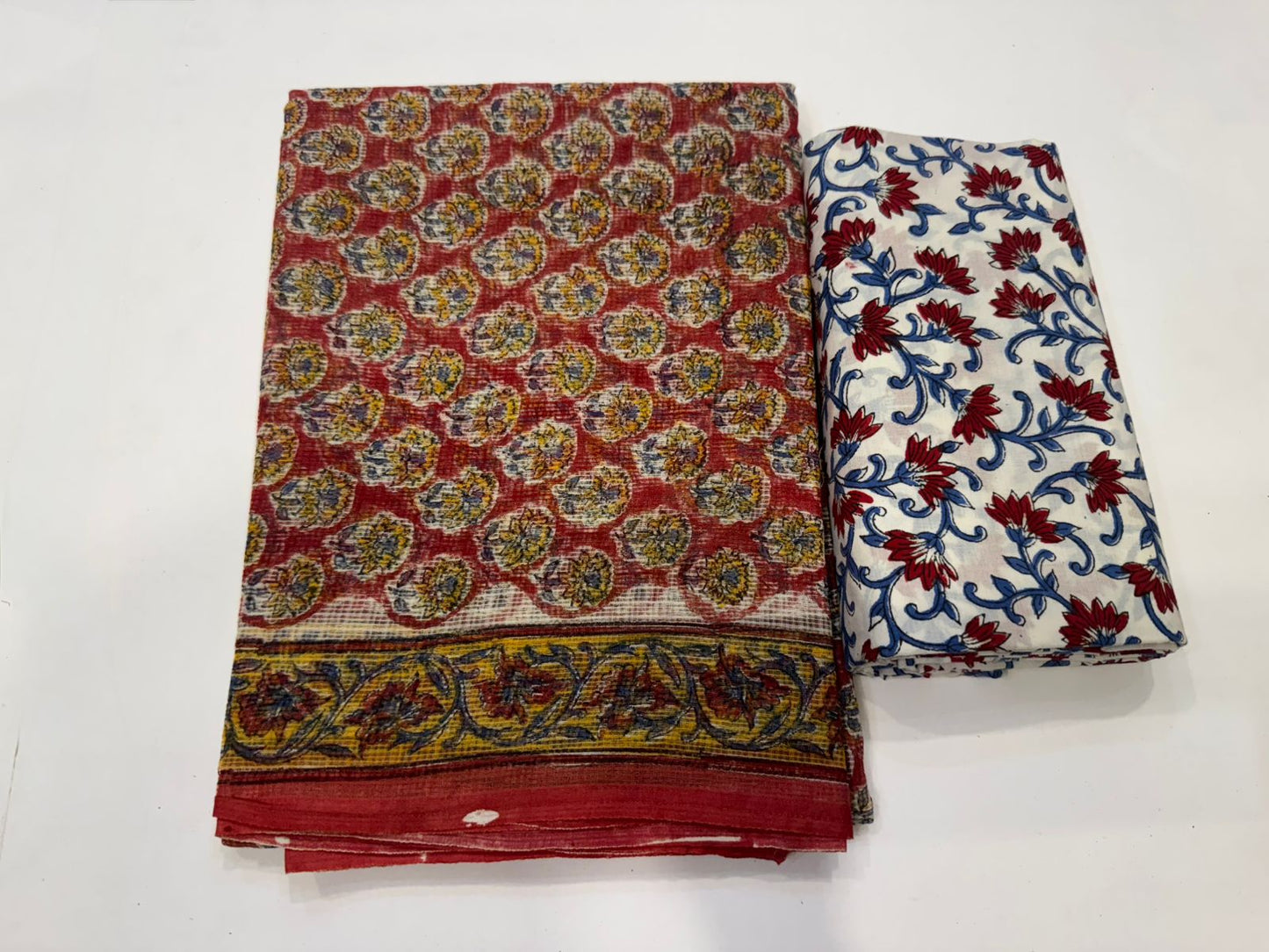 Hand Block Bagru and Sanganeri Printed Kota Doriya 3PC Unstiched Suit With Kota Doriya Dupatta