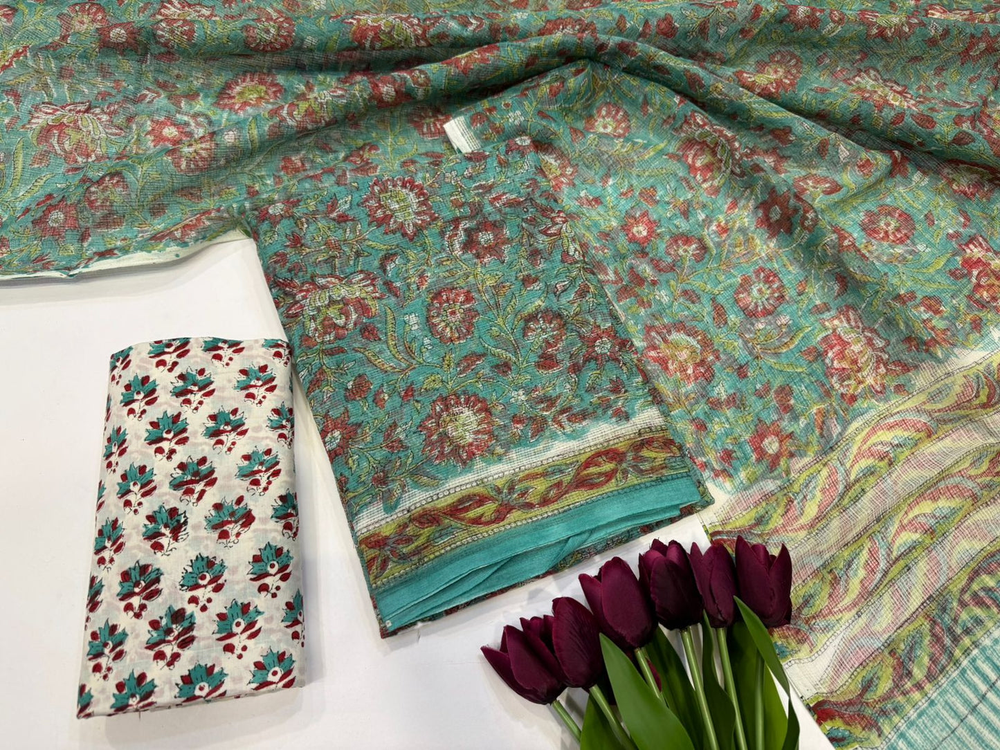 Hand Block Bagru and Sanganeri Printed Kota Doriya 3PC Unstiched Suit With Kota Doriya Dupatta