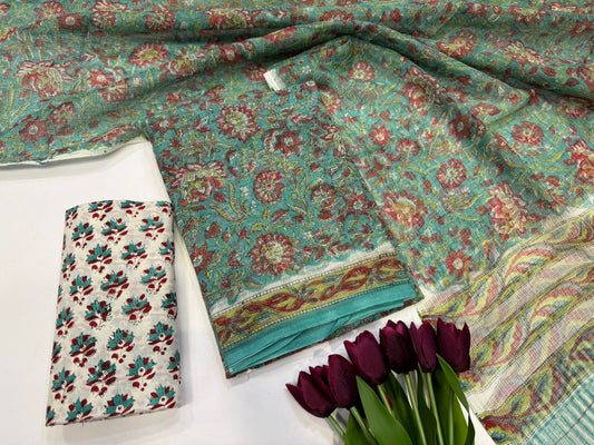 Hand Block Bagru and Sanganeri Printed Kota Doriya 3PC Unstiched Suit With Kota Doriya Dupatta