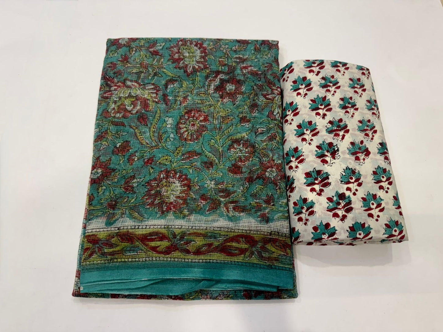 Hand Block Bagru and Sanganeri Printed Kota Doriya 3PC Unstiched Suit With Kota Doriya Dupatta