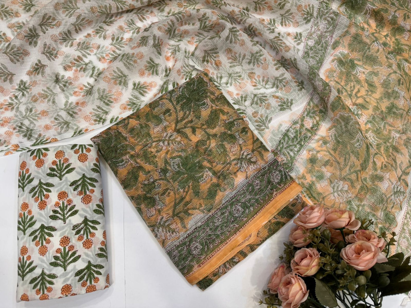 Hand Block Bagru and Sanganeri Printed Kota Doriya 3PC Unstiched Suit With Kota Doriya Dupatta