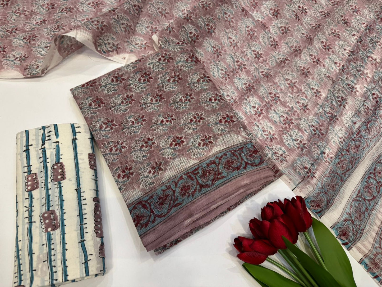 Hand Block Bagru and Sanganeri Printed Kota Doriya 3PC Unstiched Suit With Kota Doriya Dupatta
