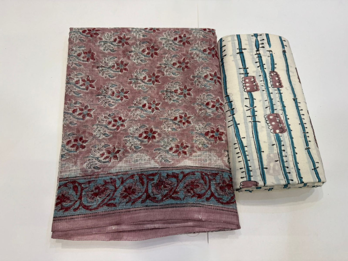 Hand Block Bagru and Sanganeri Printed Kota Doriya 3PC Unstiched Suit With Kota Doriya Dupatta