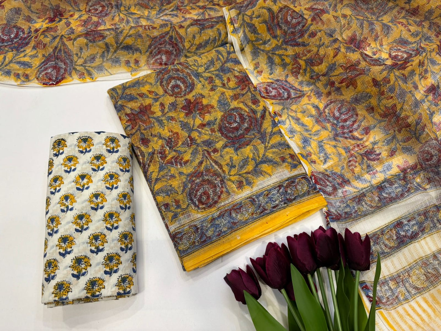 Hand Block Bagru and Sanganeri Printed Kota Doriya 3PC Unstiched Suit With Kota Doriya Dupatta