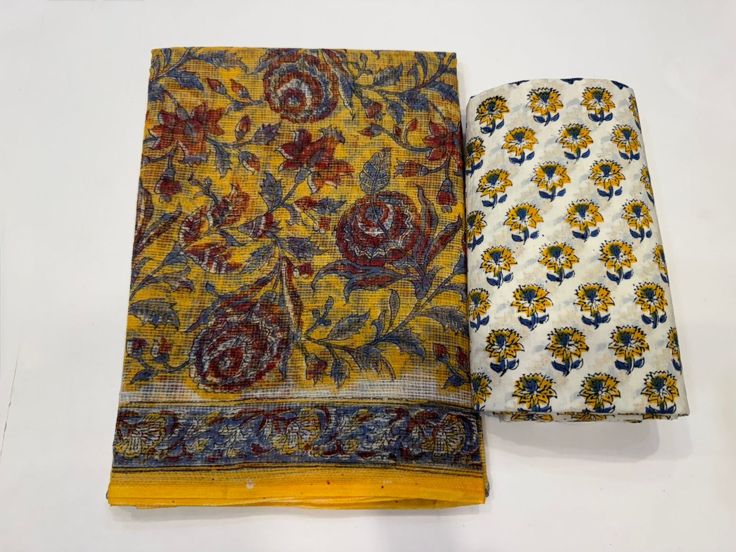 Hand Block Bagru and Sanganeri Printed Kota Doriya 3PC Unstiched Suit With Kota Doriya Dupatta