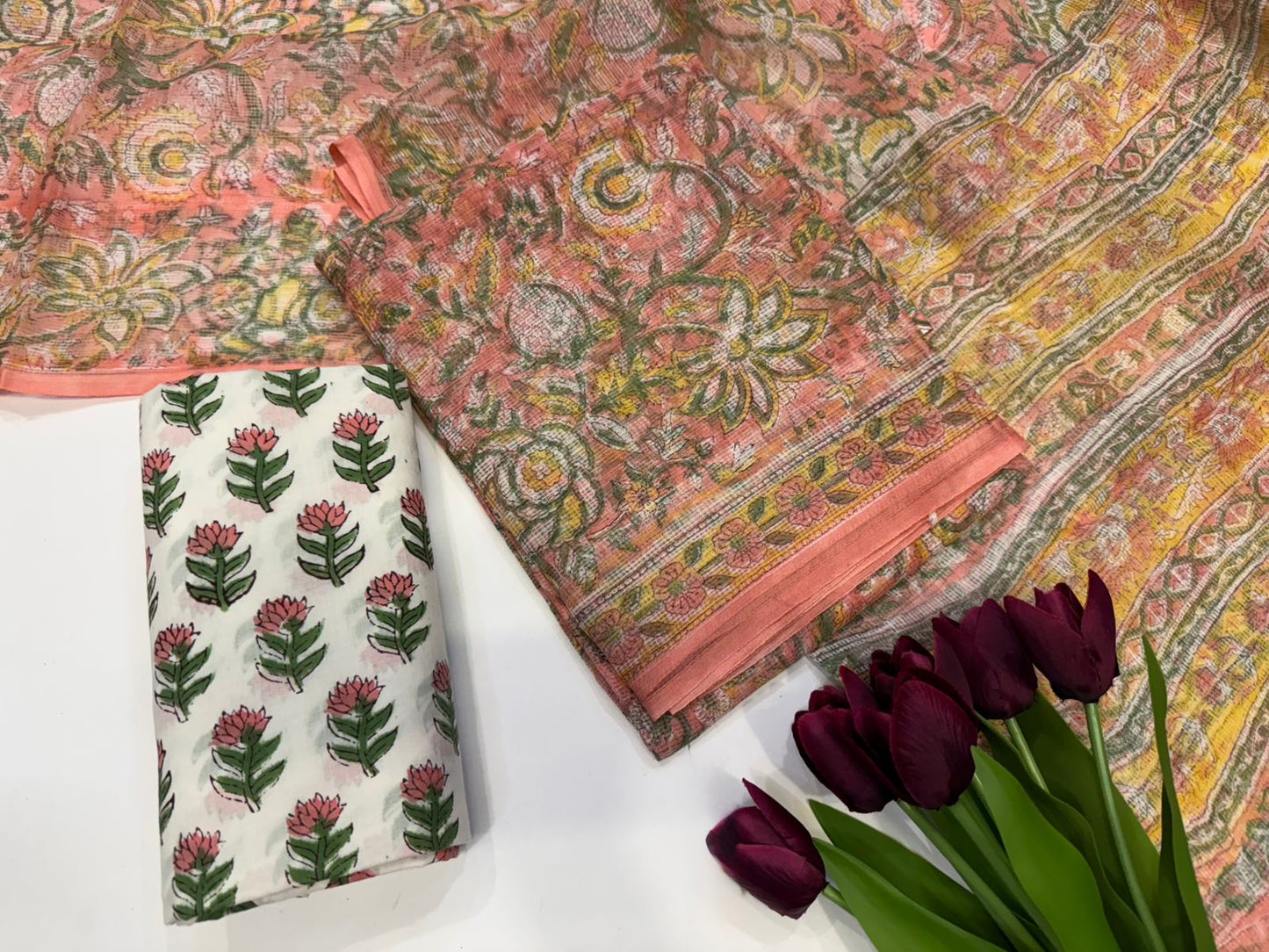 Hand Block Bagru and Sanganeri Printed Kota Doriya 3PC Unstiched Suit With Kota Doriya Dupatta