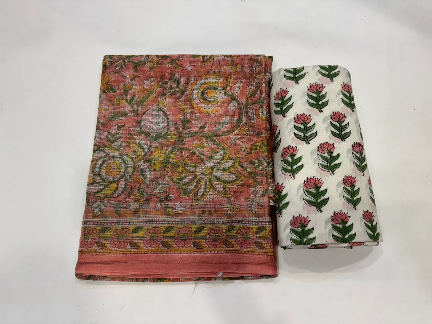 Hand Block Bagru and Sanganeri Printed Kota Doriya 3PC Unstiched Suit With Kota Doriya Dupatta