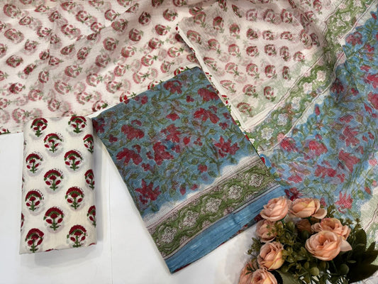 Hand Block Bagru and Sanganeri Printed Kota Doriya 3PC Unstiched Suit With Kota Doriya Dupatta