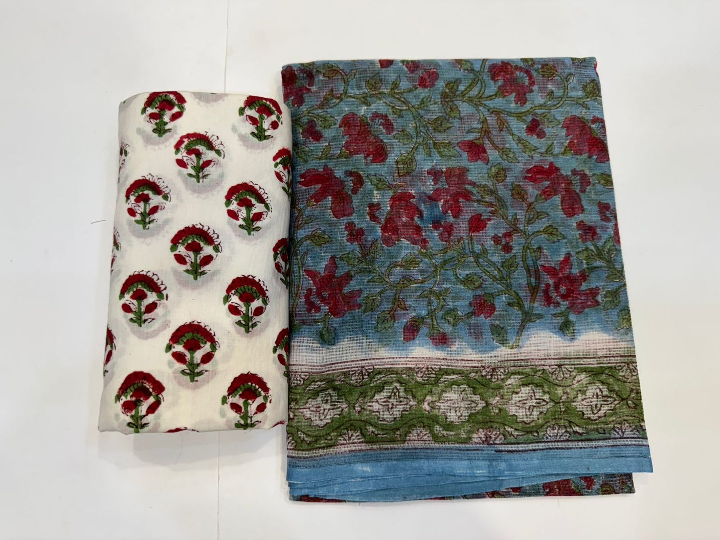 Hand Block Bagru and Sanganeri Printed Kota Doriya 3PC Unstiched Suit With Kota Doriya Dupatta