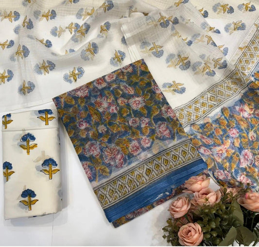 Hand Block Bagru and Sanganeri Printed Kota Doriya 3PC Unstiched Suit With Kota Doriya Dupatta