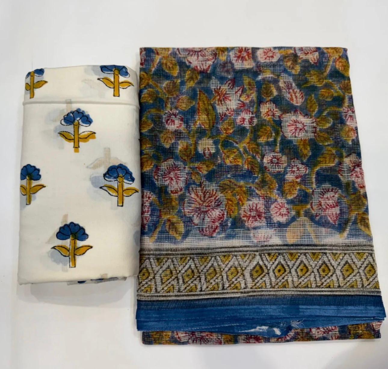 Hand Block Bagru and Sanganeri Printed Kota Doriya 3PC Unstiched Suit With Kota Doriya Dupatta