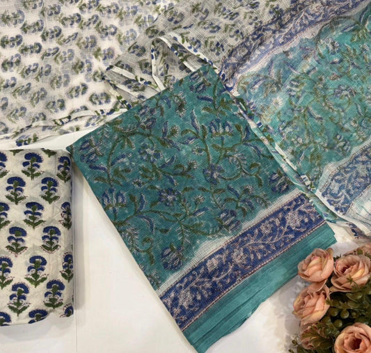 Hand Block Bagru and Sanganeri Printed Kota Doriya 3PC Unstiched Suit With Kota Doriya Dupatta