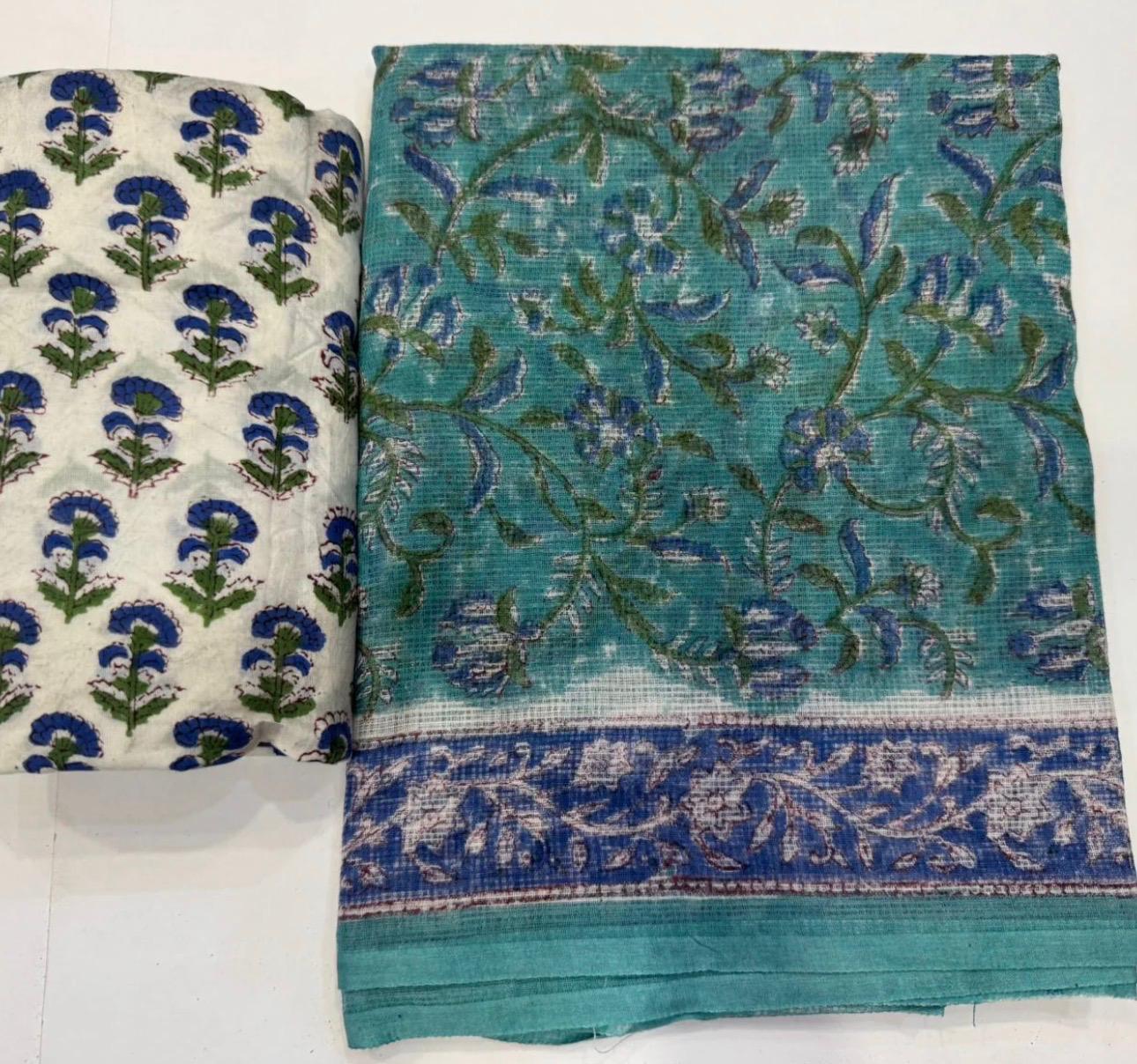 Hand Block Bagru and Sanganeri Printed Kota Doriya 3PC Unstiched Suit With Kota Doriya Dupatta