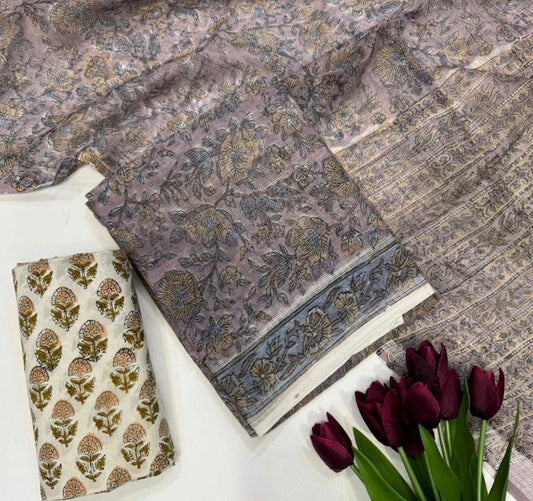 Hand Block Bagru and Sanganeri Printed Kota Doriya 3PC Unstiched Suit With Kota Doriya Dupatta