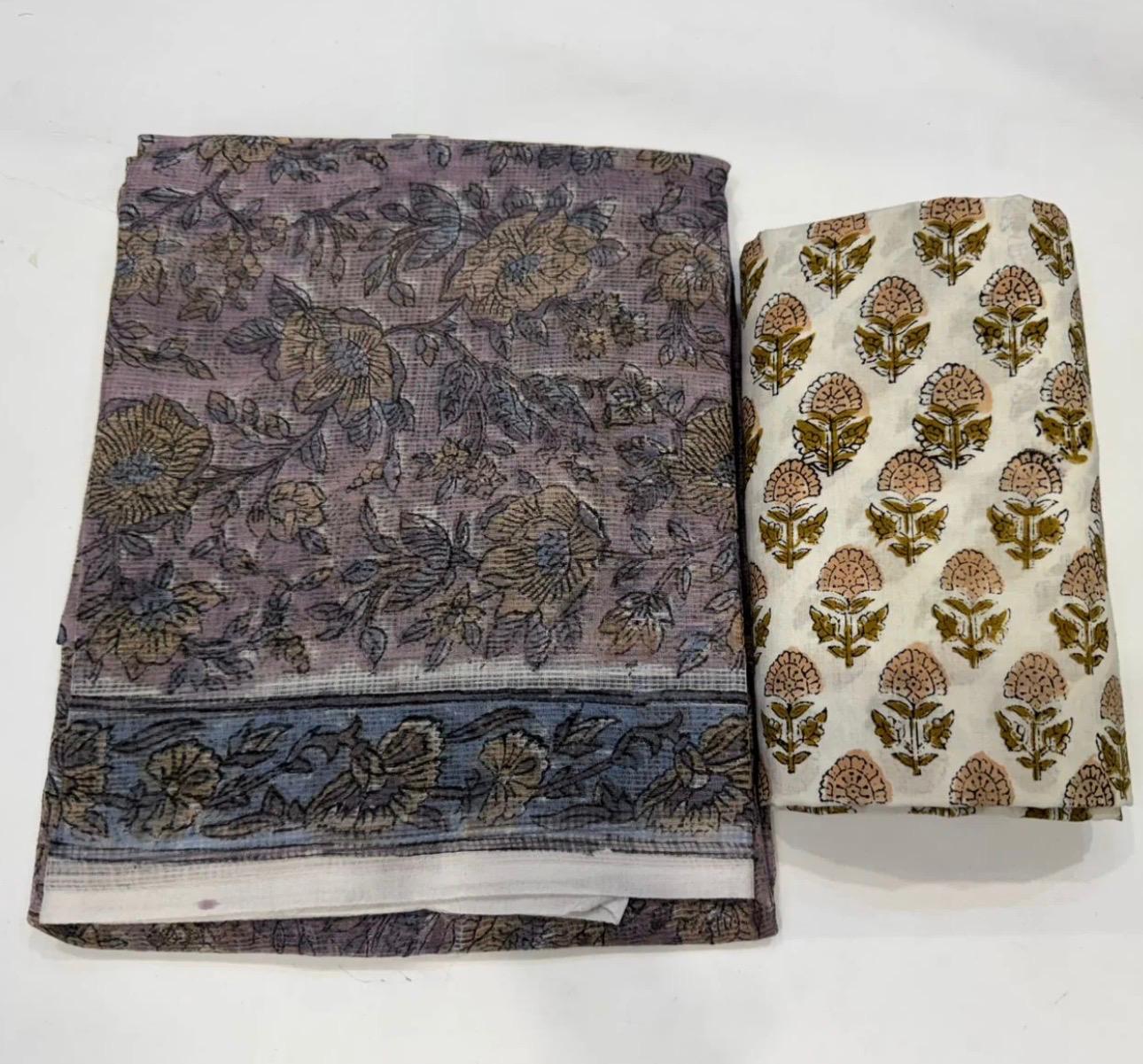 Hand Block Bagru and Sanganeri Printed Kota Doriya 3PC Unstiched Suit With Kota Doriya Dupatta