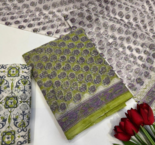 Hand Block Bagru and Sanganeri Printed Kota Doriya 3PC Unstiched Suit With Kota Doriya Dupatta