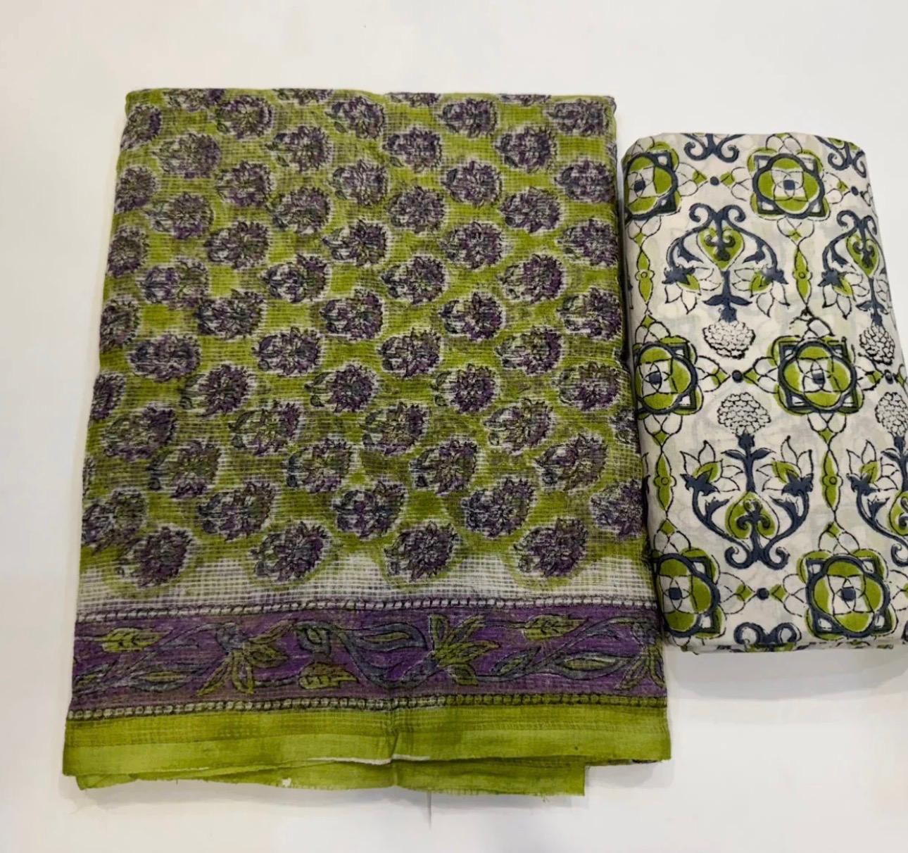 Hand Block Bagru and Sanganeri Printed Kota Doriya 3PC Unstiched Suit With Kota Doriya Dupatta