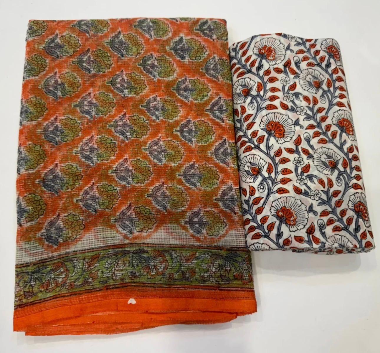Hand Block Bagru and Sanganeri Printed Kota Doriya 3PC Unstiched Suit With Kota Doriya Dupatta