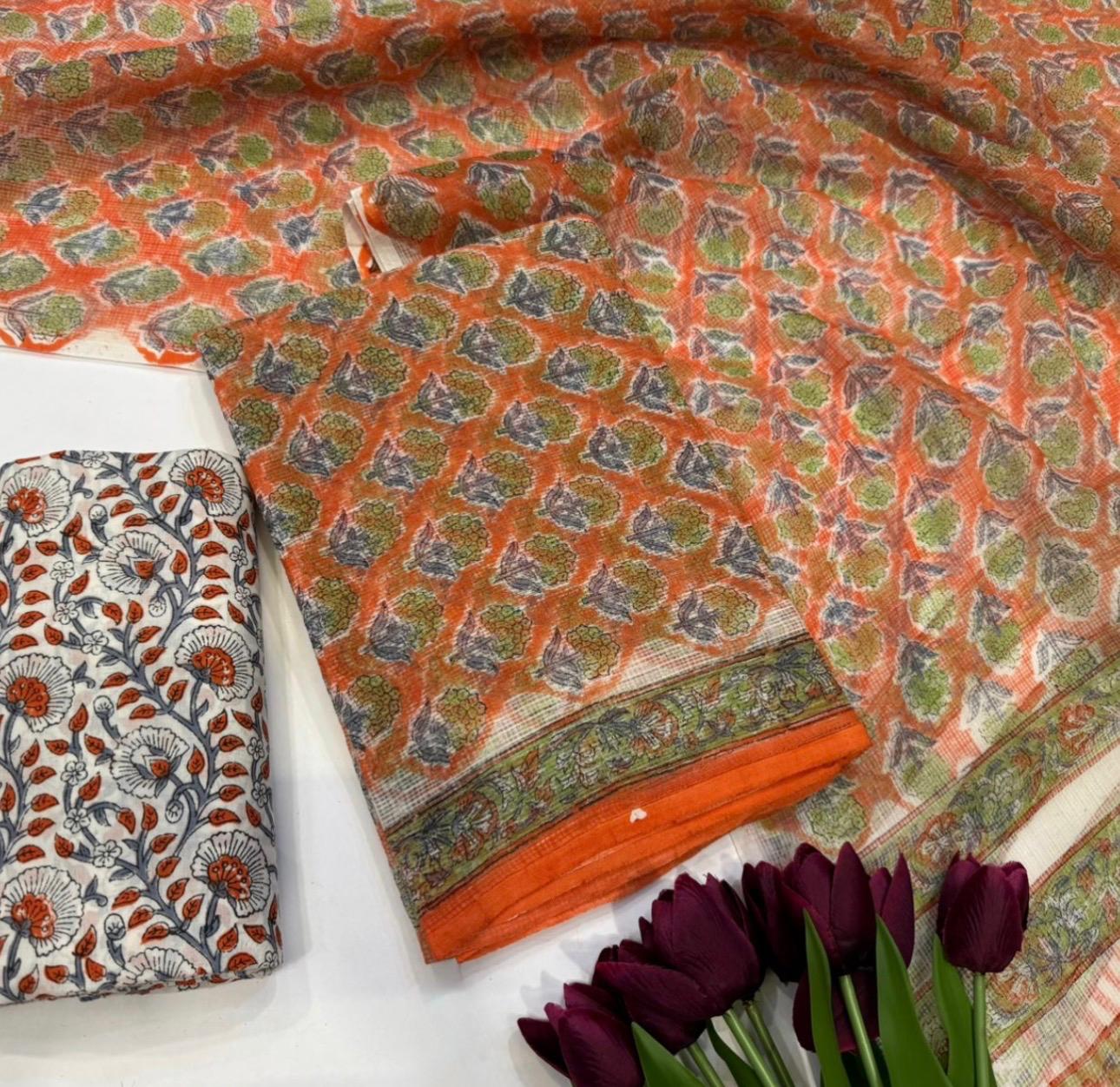 Hand Block Bagru and Sanganeri Printed Kota Doriya 3PC Unstiched Suit With Kota Doriya Dupatta