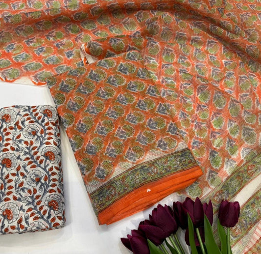 Hand Block Bagru and Sanganeri Printed Kota Doriya 3PC Unstiched Suit With Kota Doriya Dupatta