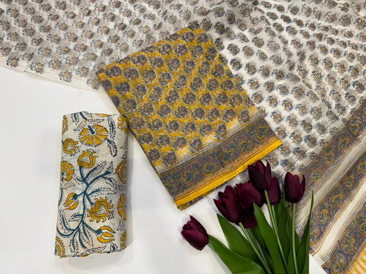 Hand Block Bagru and Sanganeri Printed Kota Doriya 3PC Unstiched Suit With Kota Doriya Dupatta