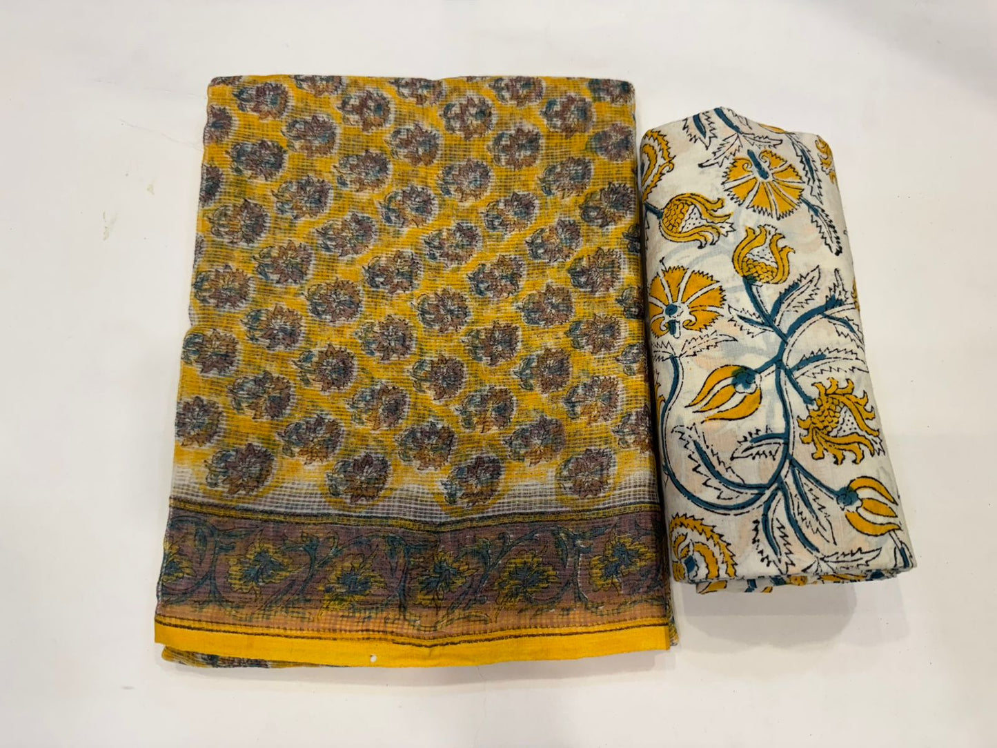Hand Block Bagru and Sanganeri Printed Kota Doriya 3PC Unstiched Suit With Kota Doriya Dupatta