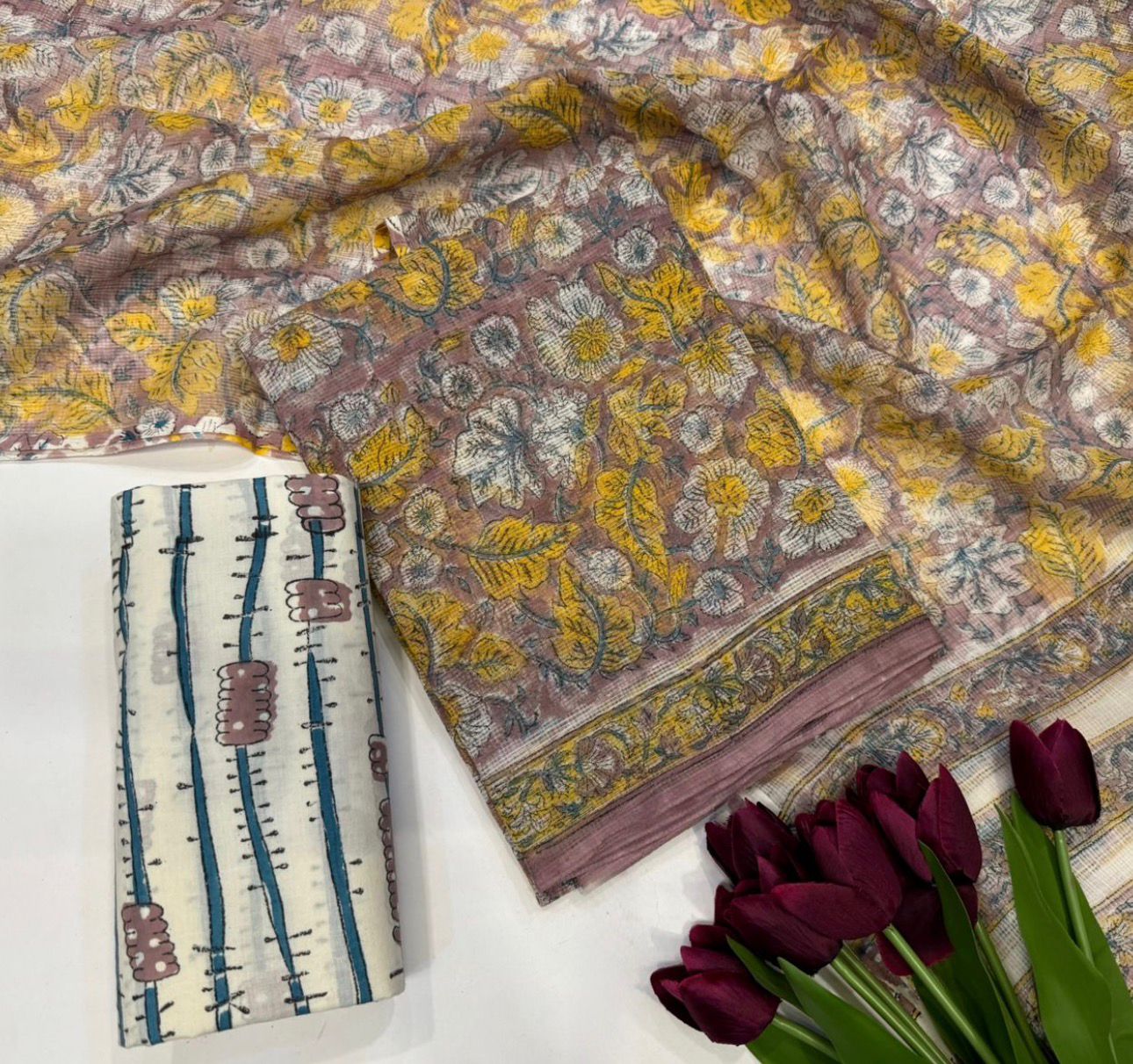 Hand Block Bagru and Sanganeri Printed Kota Doriya 3PC Unstiched Suit With Kota Doriya Dupatta