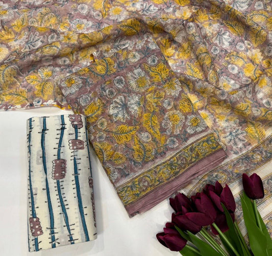 Hand Block Bagru and Sanganeri Printed Kota Doriya 3PC Unstiched Suit With Kota Doriya Dupatta