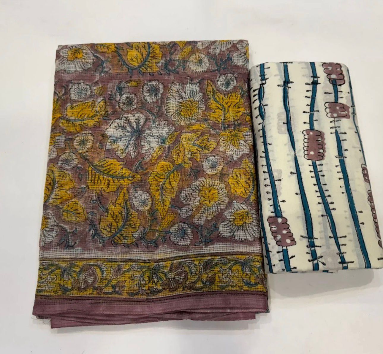 Hand Block Bagru and Sanganeri Printed Kota Doriya 3PC Unstiched Suit With Kota Doriya Dupatta