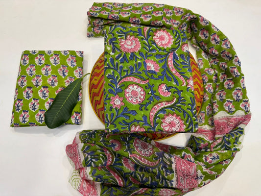 Hand Block Bagru and Sanganeri Printed Cotton 3PC Unstiched Suit With Cotton Dupatta