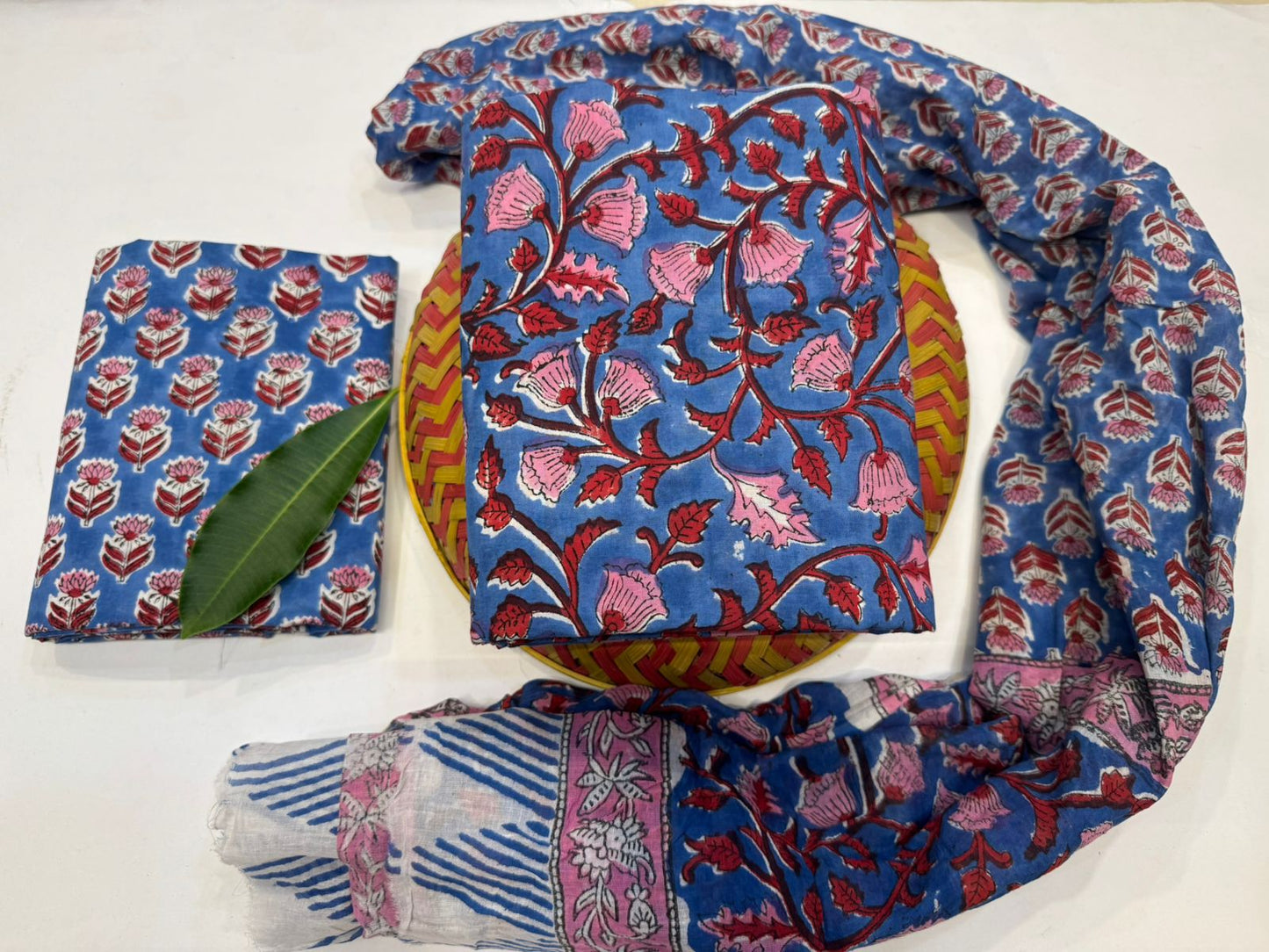 Hand Block Bagru and Sanganeri Printed Cotton 3PC Unstiched Suit With Cotton Dupatta