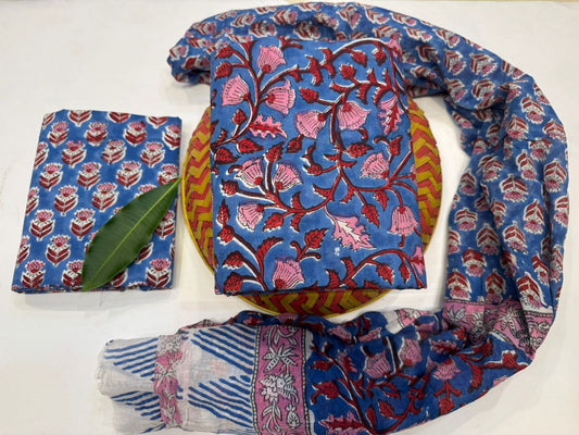 Hand Block Bagru and Sanganeri Printed Cotton 3PC Unstiched Suit With Cotton Dupatta