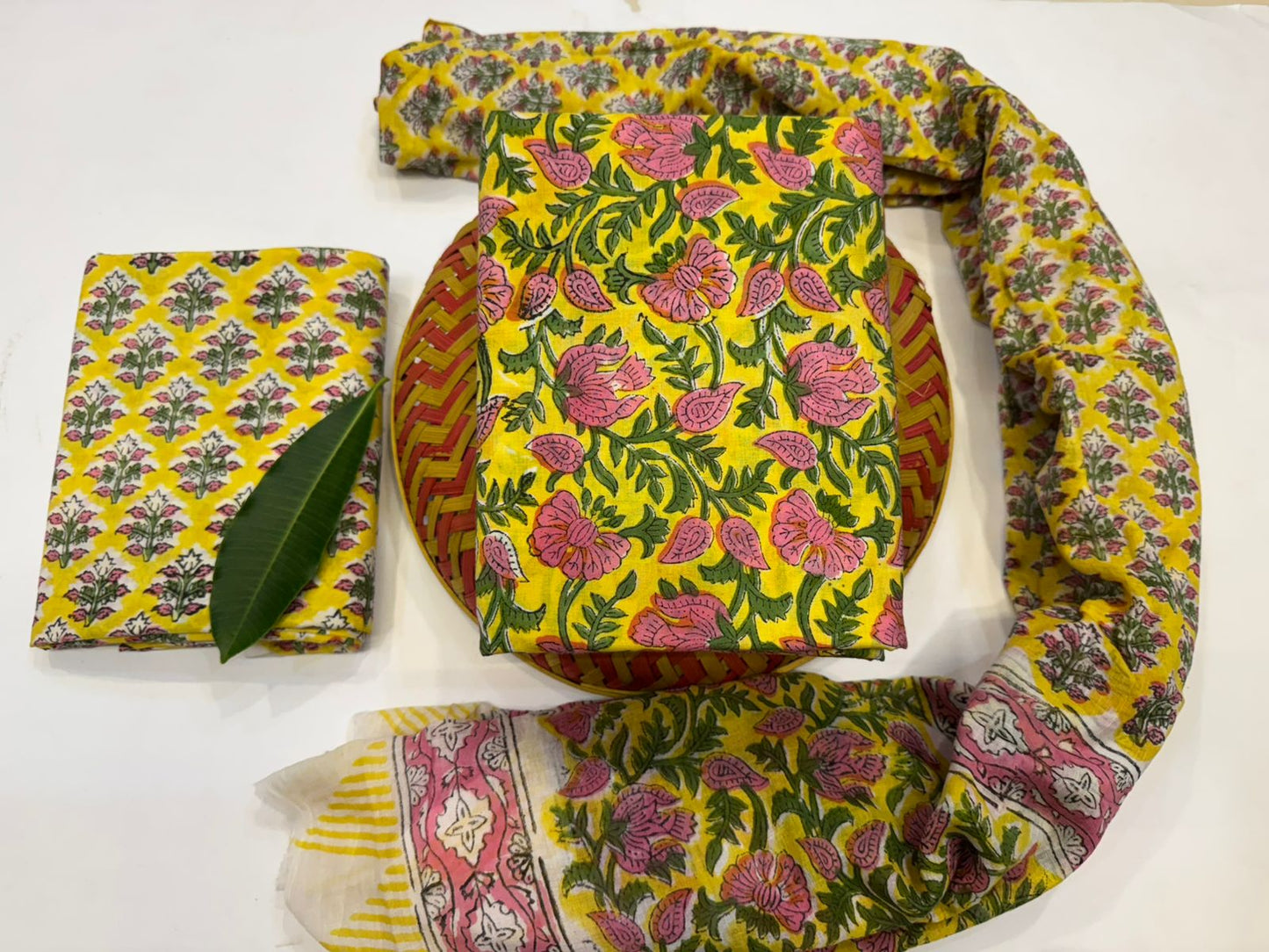 Hand Block Bagru and Sanganeri Printed Cotton 3PC Unstiched Suit With Cotton Dupatta