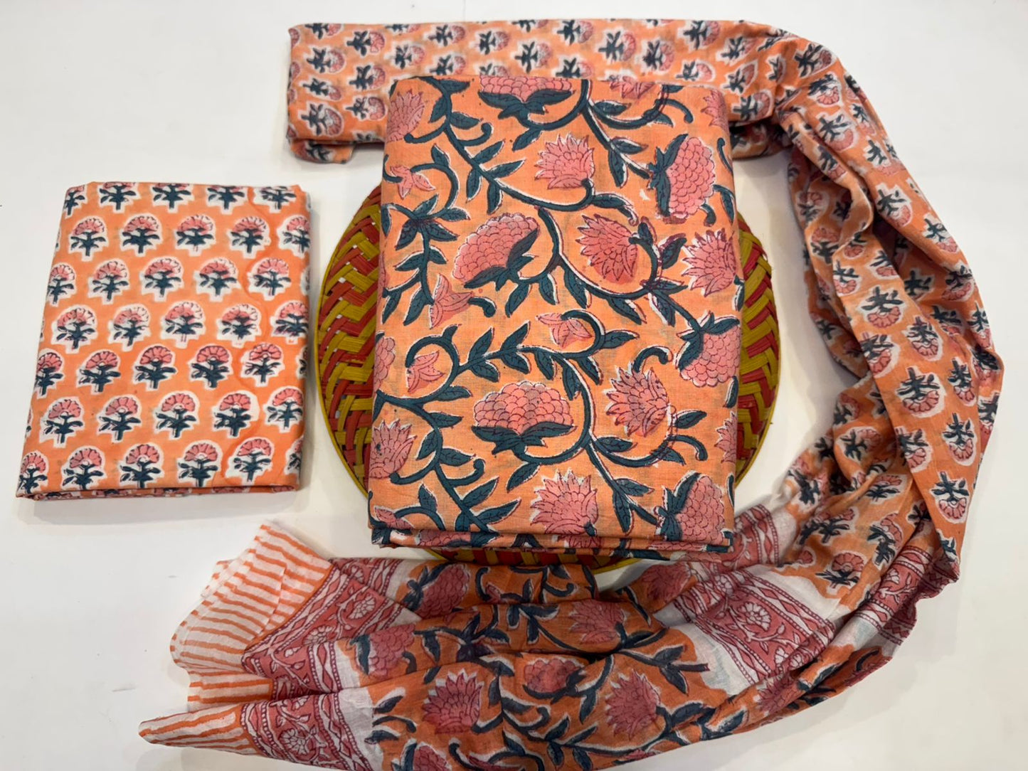 Hand Block Bagru and Sanganeri Printed Cotton 3PC Unstiched Suit With Cotton Dupatta