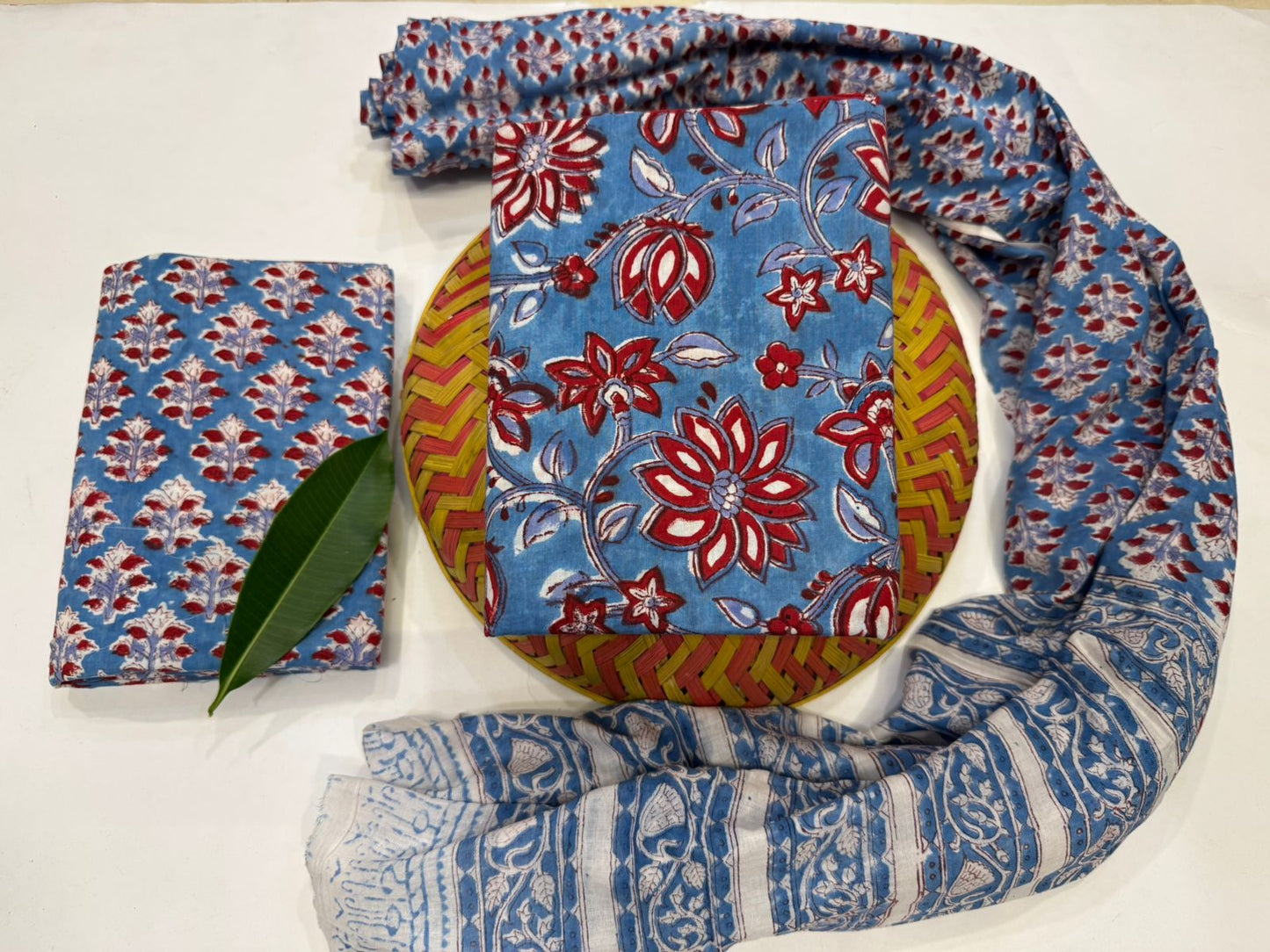 Hand Block Bagru and Sanganeri Printed Cotton 3PC Unstiched Suit With Cotton Dupatta