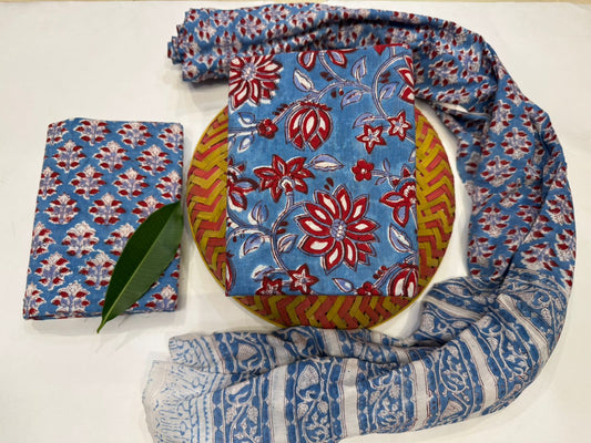 Hand Block Bagru and Sanganeri Printed Cotton 3PC Unstiched Suit With Cotton Dupatta