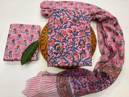 Hand Block Bagru and Sanganeri Printed Cotton 3PC Unstiched Suit With Cotton Dupatta