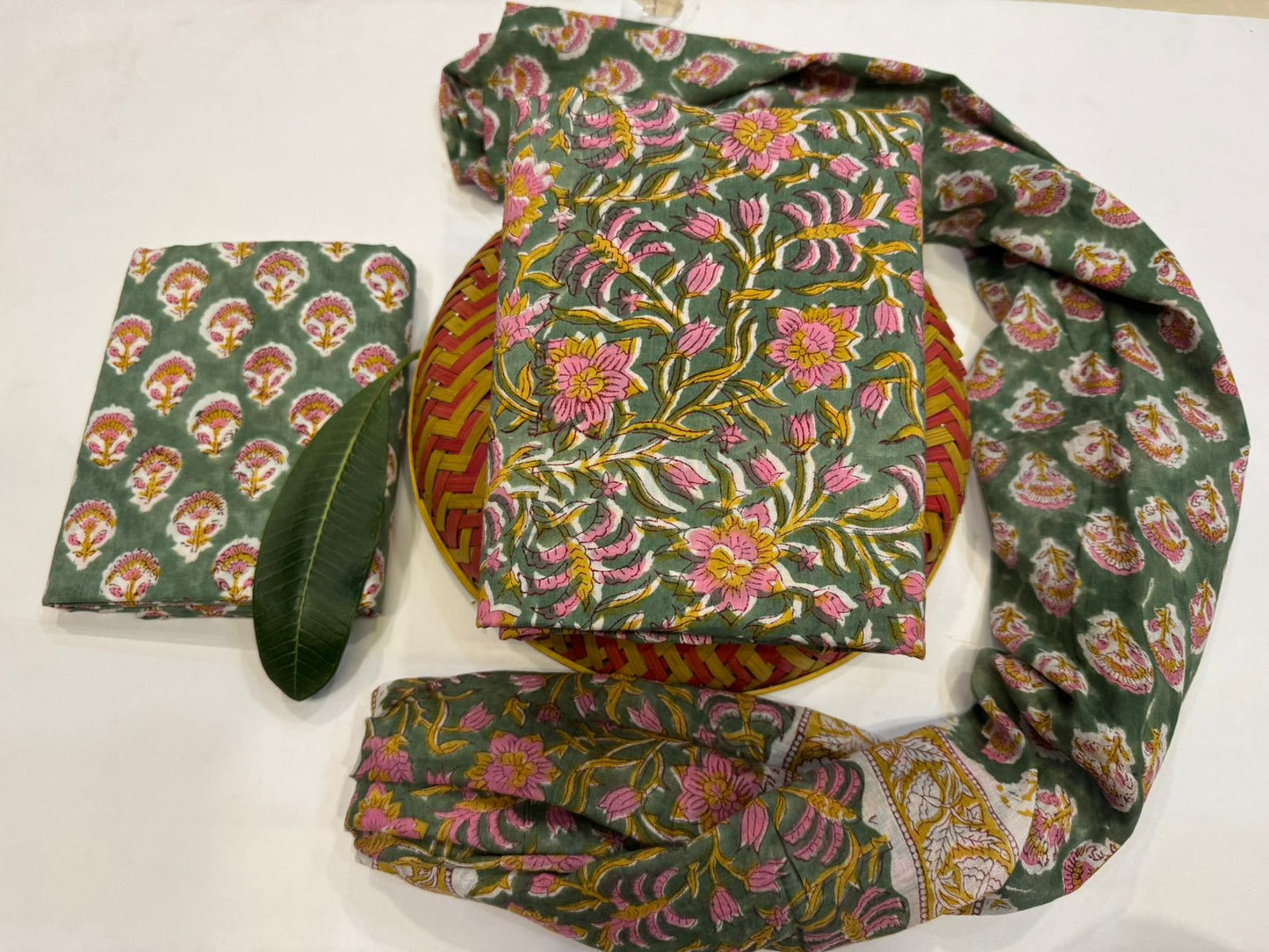 Hand Block Bagru and Sanganeri Printed Cotton 3PC Unstiched Suit With Cotton Dupatta