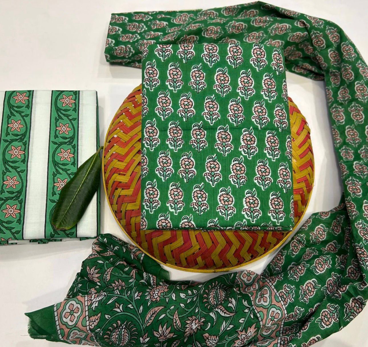 Hand Block Bagru and Sanganeri Printed Cotton 3PC Unstiched Suit With Cotton Dupatta